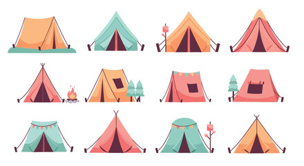 Colorful collection of cartoon tents and camping elements on a white background © DailyLifeStock