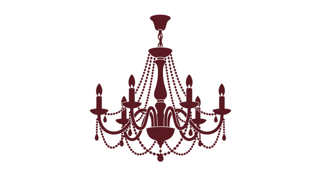 A maroon silhouette of a classic chandelier hangs from a white background.