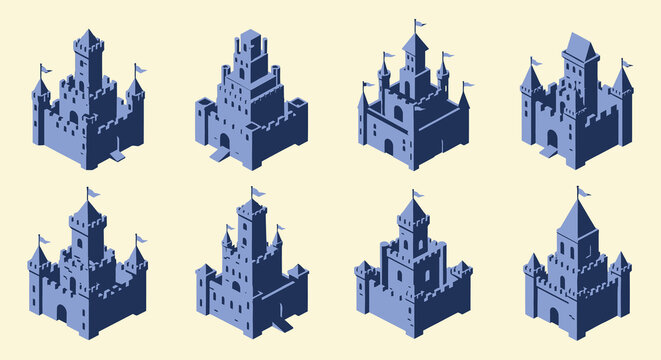 Isometric view of multiple blue castles with red flags arranged on a pale yellow background silhouette high quality professional detailed