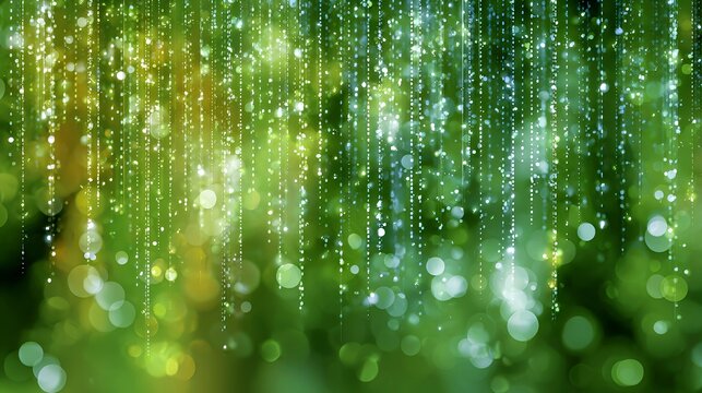 Luminous Verdant Cascade: Glowing Green Light Beads and Bokeh Art