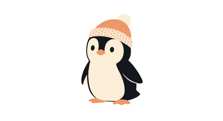 Fototapeta premium A cute cartoon penguin wearing a knitted hat stands against a white background.