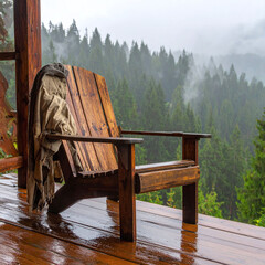 Fototapeta premium Peaceful rainy day view from a wooden cabin balcony featuring a rustic chair and misty forest. Perfect for travel, wellness, and lifestyle content evoking solitude and cozy relaxation.