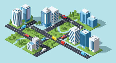 Isometric cityscape illustration depicts modern buildings roads and vehicles in a geometric arrangement a striking silhouette high quality professional detailed elegant © GDMala02