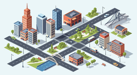 Isometric cityscape illustration showcasing buildings roads trees and vehicles rendered in a striking silhouette high quality professional detailed modern elegant stylish © GDMala02