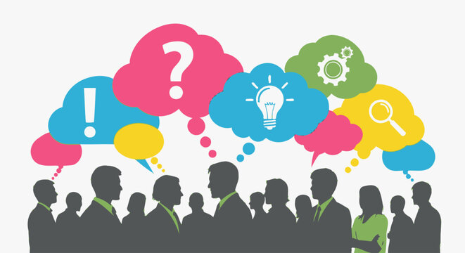 Silhouettes of people thinking ideas.