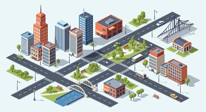 Isometric cityscape illustration showcasing buildings roads trees and vehicles rendered in a striking silhouette high quality professional detailed modern elegant stylish