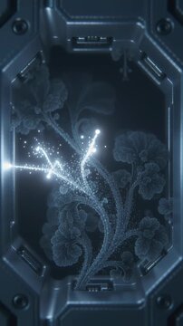 Genetically engineered plant branches emit light; futuristic interface, no text, vertical video 9:16 silent for genetic research or eco-technology demo.