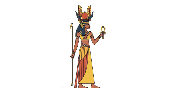 Ancient Egyptian goddess Isis stands with a staff and an ankh symbol.