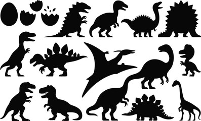 Dinosaur silhouette illustration, diverse prehistoric species including Tyrannosaurus, Brachiosaurus, Stegosaurus, Pterosaur, and eggs in various poses, paleontology  © Asib