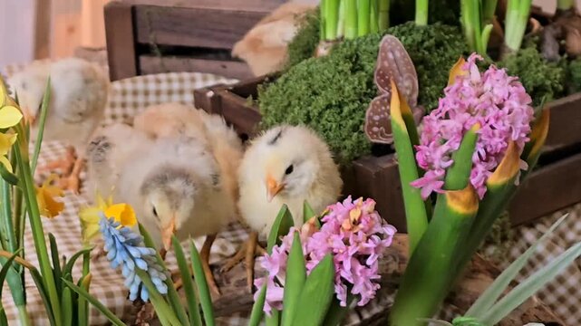 cute little chicks among colorful spring flowers in easter themed scene, showcasing seasonal decoration, nature, and festive holiday atmosphere