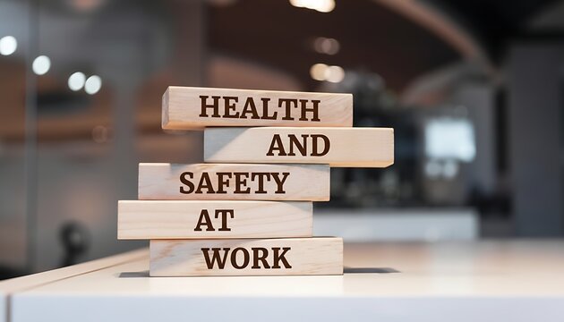Stacked wooden blocks with the phrase Health and Safety at Work on a blurred office background.