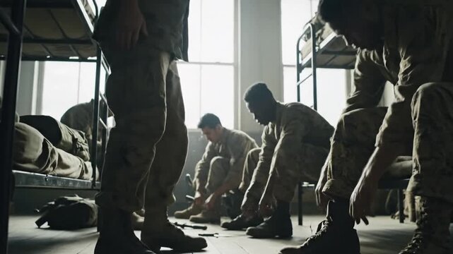 Group of male soldiers performing rigorous push-ups during indoor physical training in a military barracks with bunk beds