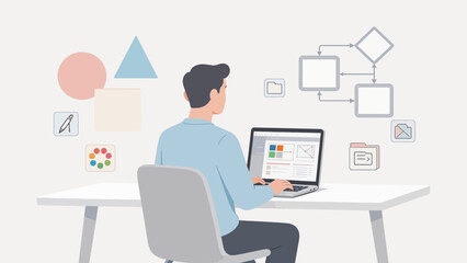 Person working on laptop with design tools © KY