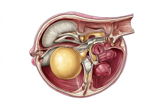 Bird oviduct showing the anatomy of egg formation, including the developing egg and reproductive organs