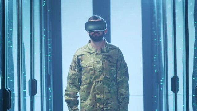 Armed personnel dressed in camouflage exploring hightech virtual reality training modules for mission preparedness