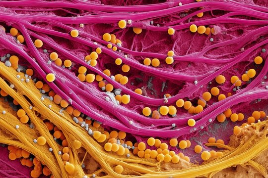 Color-enhanced scanning electron micrograph showing mrsa bacteria among human tissue and neutrophils
