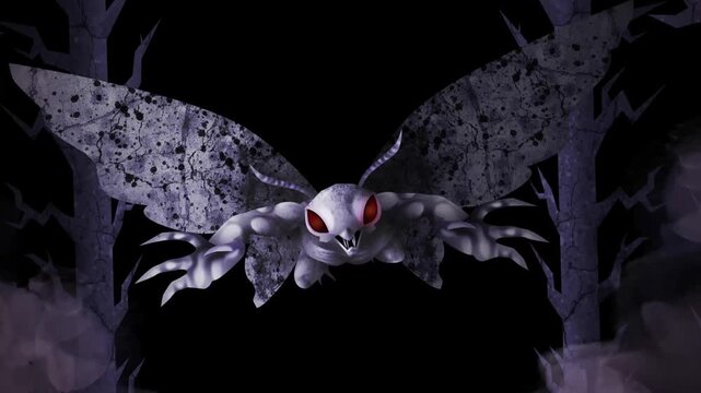 mothman cryptid monster flying aggressively in forest