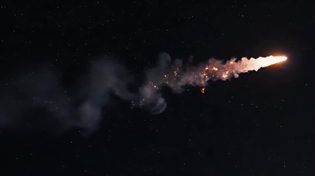 Rocket engine firing with exhaust plume trailing in night sky