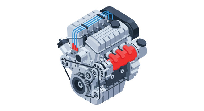 Detailed isometric illustration of a v8 engine with various components rendered in a stylized flat design silhouette high quality professional detailed