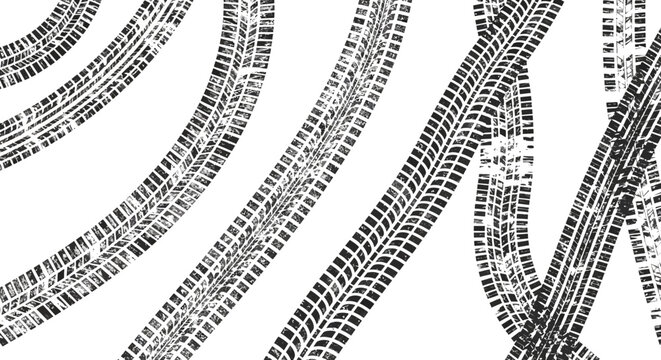 Monochrome tire tracks pattern on white background