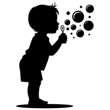 Child blowing bubbles black silhouette vector illustration, playful kid activity graphic design element