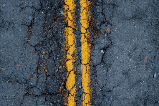 Close-up top view of asphalt texture with double yellow lines