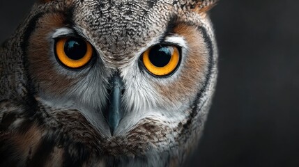 Fototapeta premium Close-up of a majestic owl with striking orange eyes and intricate feather patterns, showcasing its sharp beak and intense gaze against a dark background