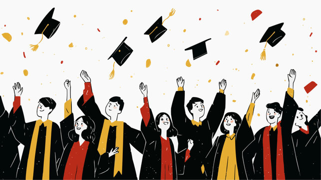 Flat vector illustration of excited graduate throwing cap in the air, perfect for educational websites, university promotions, or celebration announcements.