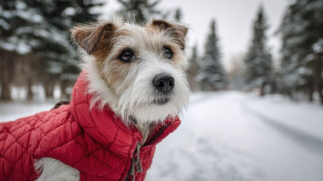 Parson Russell Terrier in a bright red winter coat standing in fresh snow