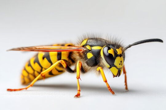 Isolated wasp macro photograph on white backdrop showing wings and antennae