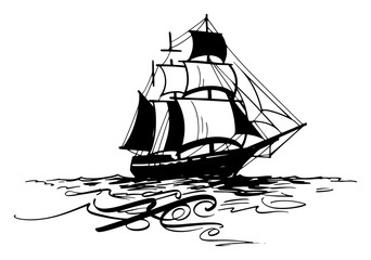 Vintage sailing ship on waves, antique sailboat engraving style, maritime nautical vessel sketch isolated on white © Luka