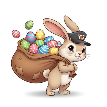 Adorable Cartoon Easter Bunny Postman Delivering a Sack Full of Brightly Colored Eggs, Isolated on White Background