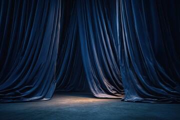 Deep blue velvet theater curtains on a quiet stage with soft lighting