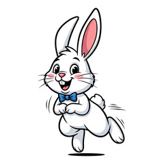 Fototapeta premium Cheerful White Cartoon Bunny Rabbit with Blue Bow Tie Happily Hopping and Smiling, Isolated Vector Illustration for Easter and ...