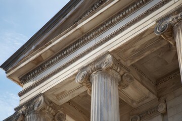 Obraz premium Close-up view of grand marble columns and portico on a monumental architectural facade