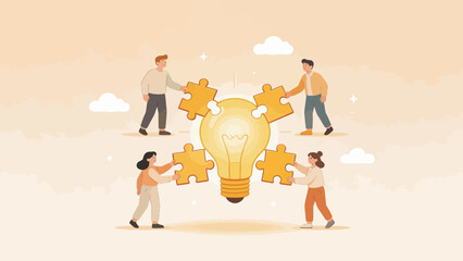 People assembling puzzle pieces around light bulb © Canis