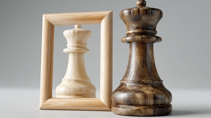 Fototapeta premium Wooden chess king piece in light and dark finishes displayed next to a wooden frame, showcasing craftsmanship and detail in a minimalist setting
