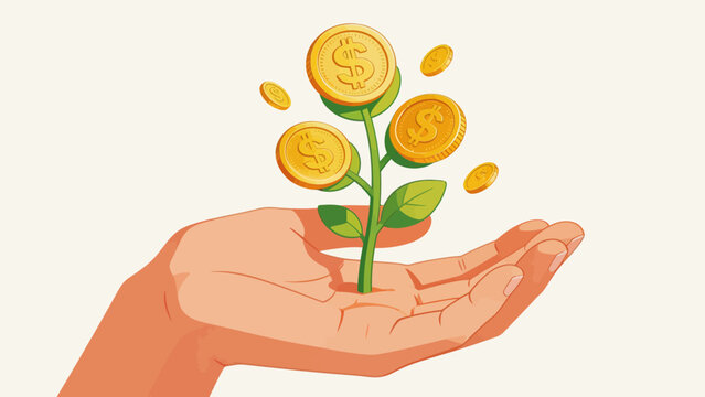 Hand holding plant with coins