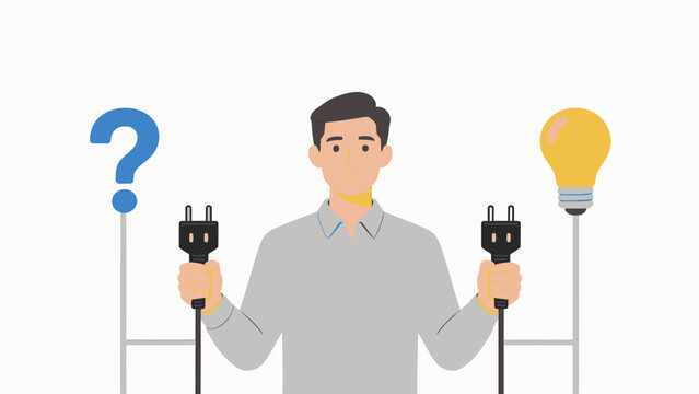 Man holding plugs and light bulb