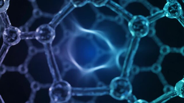 Abstract molecular structure with glowing blue energy at its core.  Science and technology concept visualized through microscopic connections.