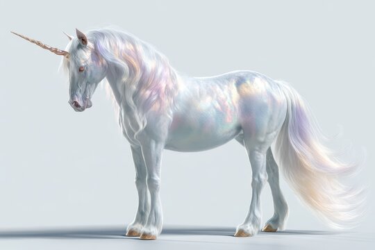 Majestic white unicorn on a pure white background in a detailed 3D render with flowing pastel mane and shimmering horn
