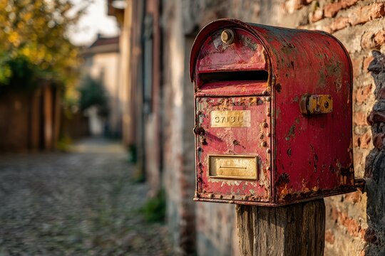 Nostalgic post box with peeling paint and brass plaque on a cobblestone street
