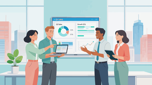 Office workers discussing sales data