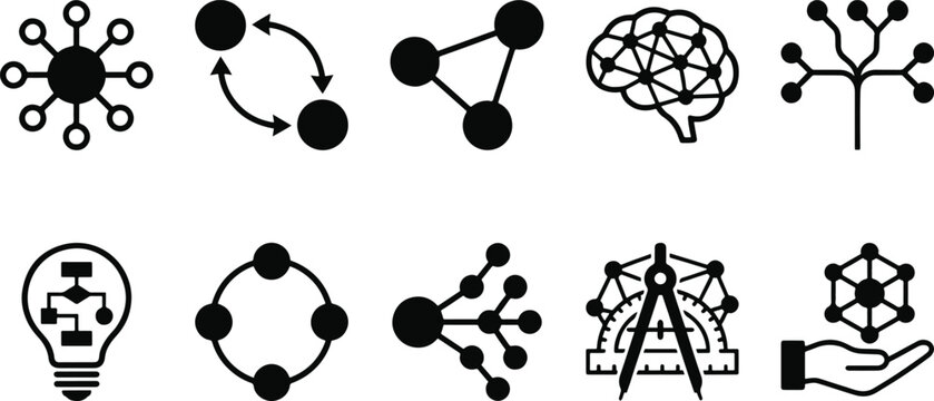 A collection of black and white icons representing connections and networks