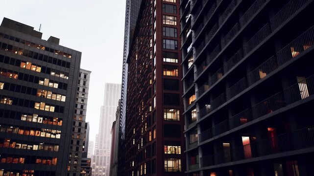 dusk narrow canyon office towers, glowing windows and steel balconies, deep perspective and cinematic grain, rainless haze and warm interior light, late shift