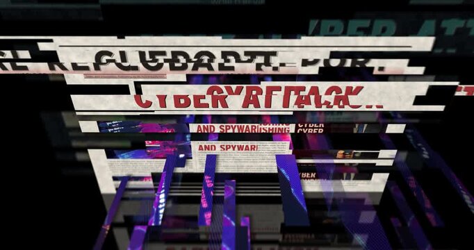 Cyber attack breaking news. Digital warfare and hybrid war title headline newspaper. Information media print glitch looped and seamless animation.