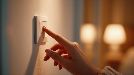 Close-up of a female finger turning off a wall light switch in a modern home