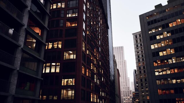 dusk city canyon between highrise facades, warm office lights glow from grid of windows, narrow street framed by brick and glass, distant tower silhouette,