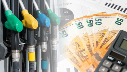 Fototapeta na wymiar Fuel nozzles and euro banknotes. Rising fuel prices concept. Transport costs and energy expenses. Inflation impact on economy and mobility. Financial pressure of refueling and fuel market crisis.