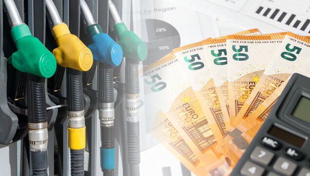 Fuel nozzles and euro banknotes. Rising fuel prices concept. Transport costs and energy expenses. Inflation impact on economy and mobility. Financial pressure of refueling and fuel market crisis.